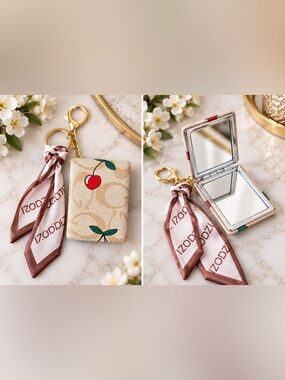 Cherry Print Tan Compact Mirror with Accent Scarf